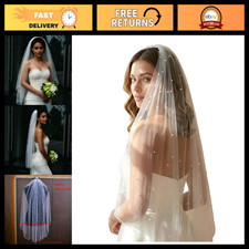 Elegant Bridal Veil with Pearls, 1 Tier Tulle-Wrapped Comb, Pencil Edge Wedding
