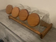 Glass Canister Jars Set Of Four With Wooden Lids & Wood Caddy Rack