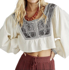  148 - FREE PEOPLE Iggie Embroidered Blouse in Ivory/Black Bean Size XS