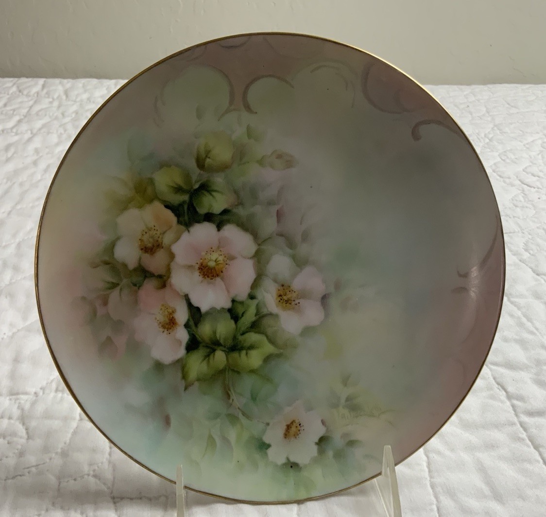 Antique Hand Painted Plate, 8 1/4” Round, Flower Design, Porcelain, Unsigned