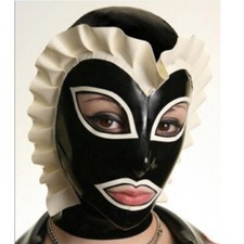 Latex Hood with Lace Trim on Face Back Zipper Handmade Rubber Mask Cosplay Wear