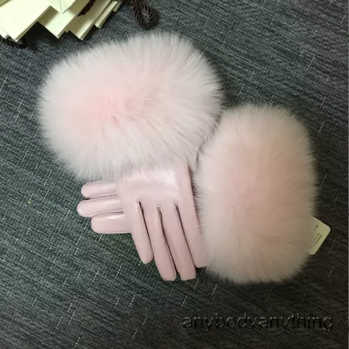 Women Genuine Lambskin Leather Gloves With Real Fox Fur Trim Cuff Winter Warm - Picture 16 of 24