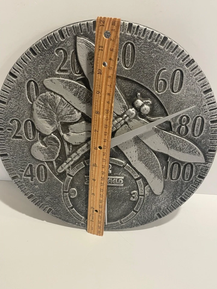 12" ROUND SPRINGFIELD DRAGONFLY METAL THERMOMETER CLOCK - Image 4 of 4