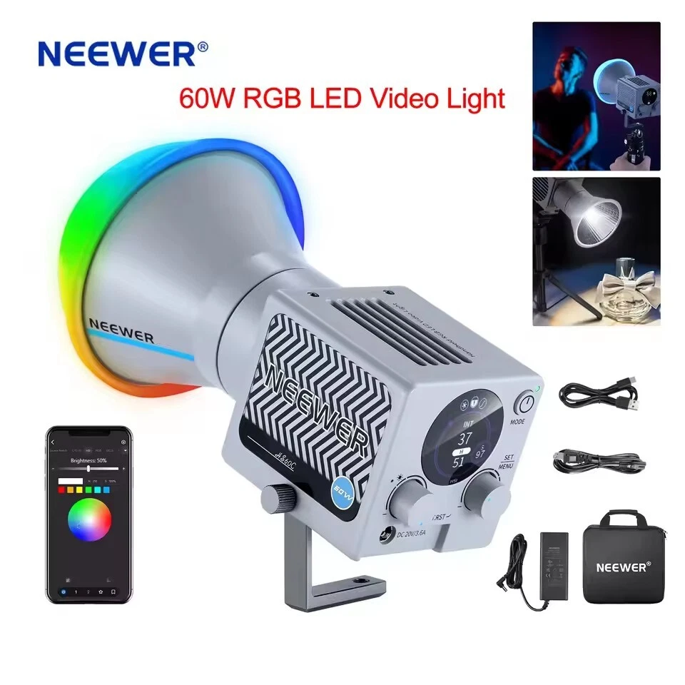 NEEWER HS60C 60W RGB Full Color Hand Led Video COB Light 2500K-6500K APP Control - Image 2 of 4