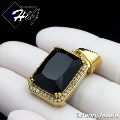 MEN's Stainless Steel BLING Cubic Zirconia Black Onyx Gold Plated Pendant*GP98
