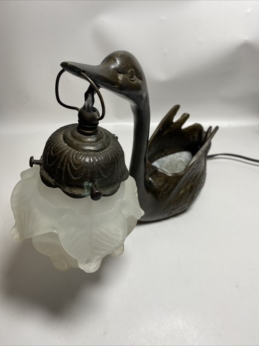 Cast Iron Swan Plant Holder Satin Glass Flower Lamp Shade Table Lamp 9" Tall - Picture 4 of 7