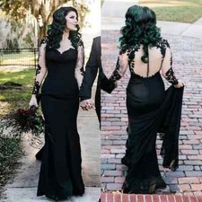Gothic Long Sleeve Black Wedding Dresses Illusion Backless Mermaid Bridal Gowns