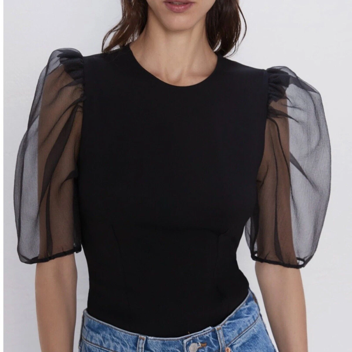 Zara Black Organza Puff Sleeve Top Blouse, Women's Small