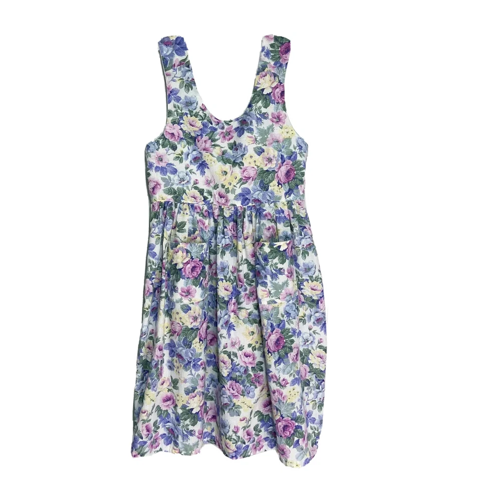 手工制作女孩 7/8 码? 花卉无袖背心裙小屋核心口袋紫色 — 第 2/4 张图片