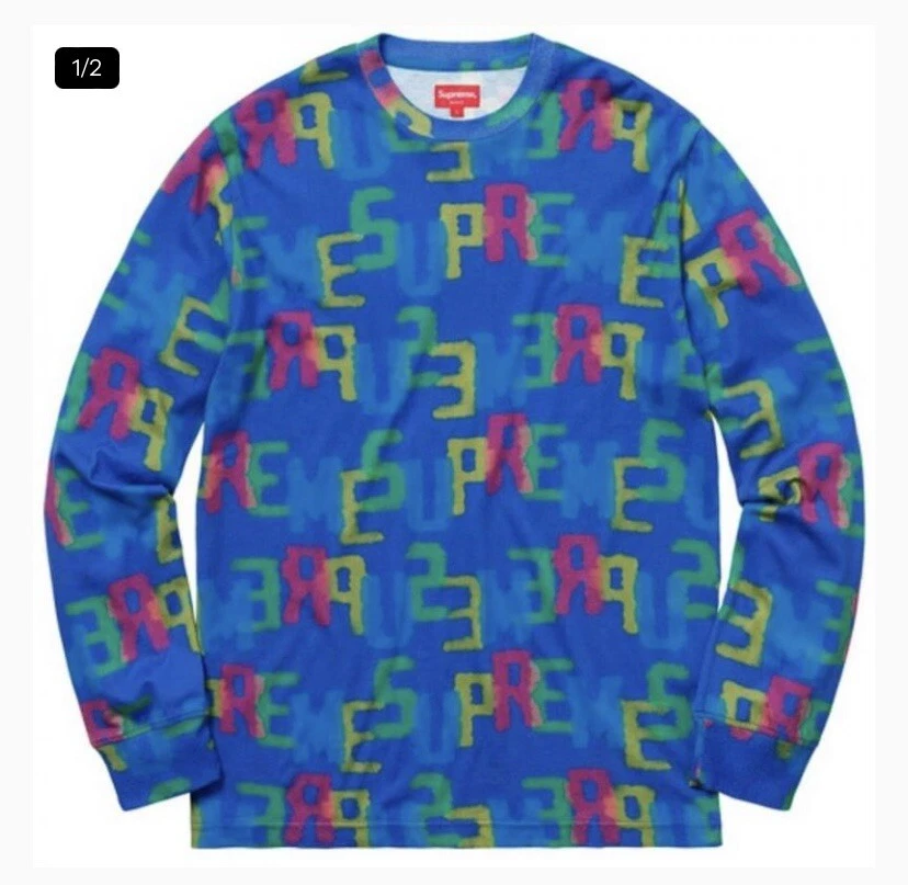 Tee shirt manches longues bleu L/S Supreme Letters Ss18 neuf grand L