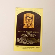 Red Ruffing Signed HOF Plaque Yellow Postcard. COA JSA