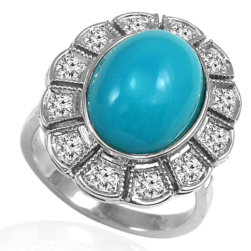 14k Solid White Gold Genuine Diamond & Turquoise European Style Ring #R2116