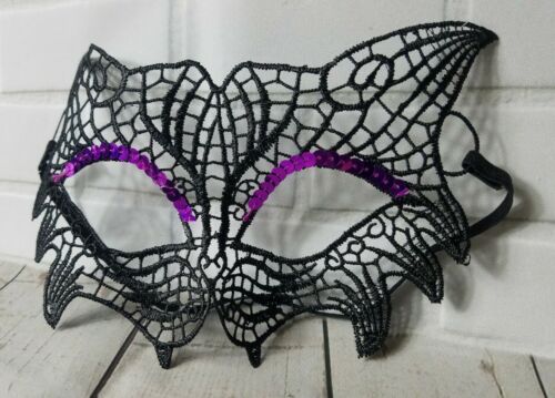 Black Cat Purple Sequin Cutout Textured Masquerade Party Halloween Eye Mask - Picture 2 of 5