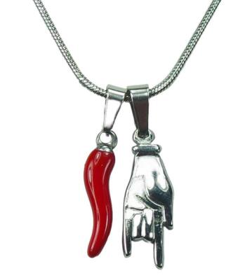 Small Red Cornicello and Mano Cornuto Necklace, Italian Hand
