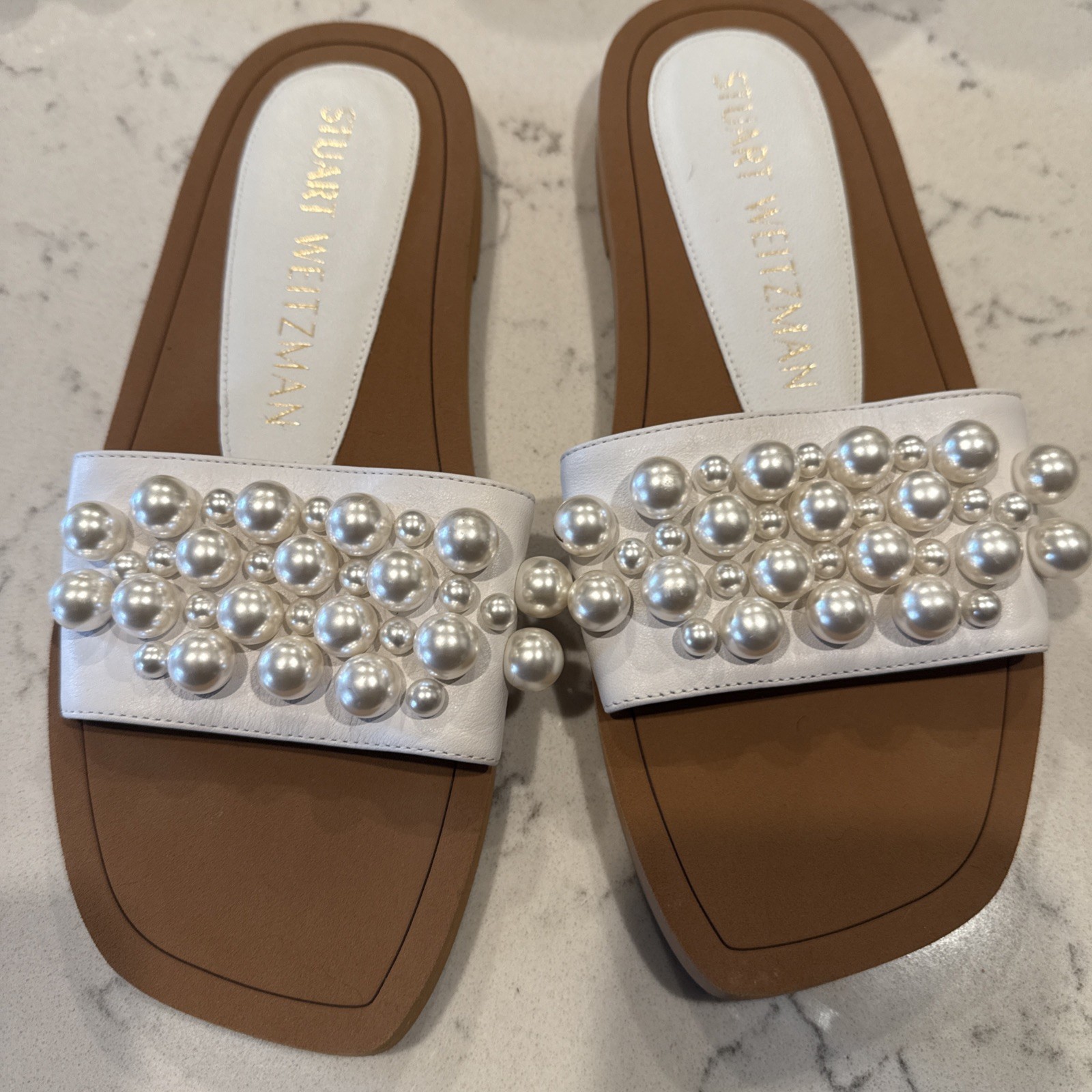 New STUART WEITZMAN Goldie Pearl Embellished White Slide Sandals EU 40 US 7   S3