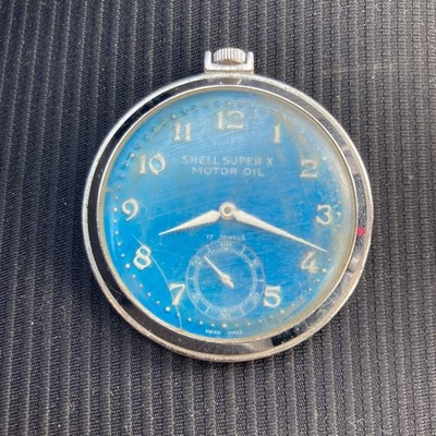 ~VTG SHELL SUPER X MOTOR OIL 17 JEWEL CLINTON SKELETON POCKET WATCH ESTATE FIND~