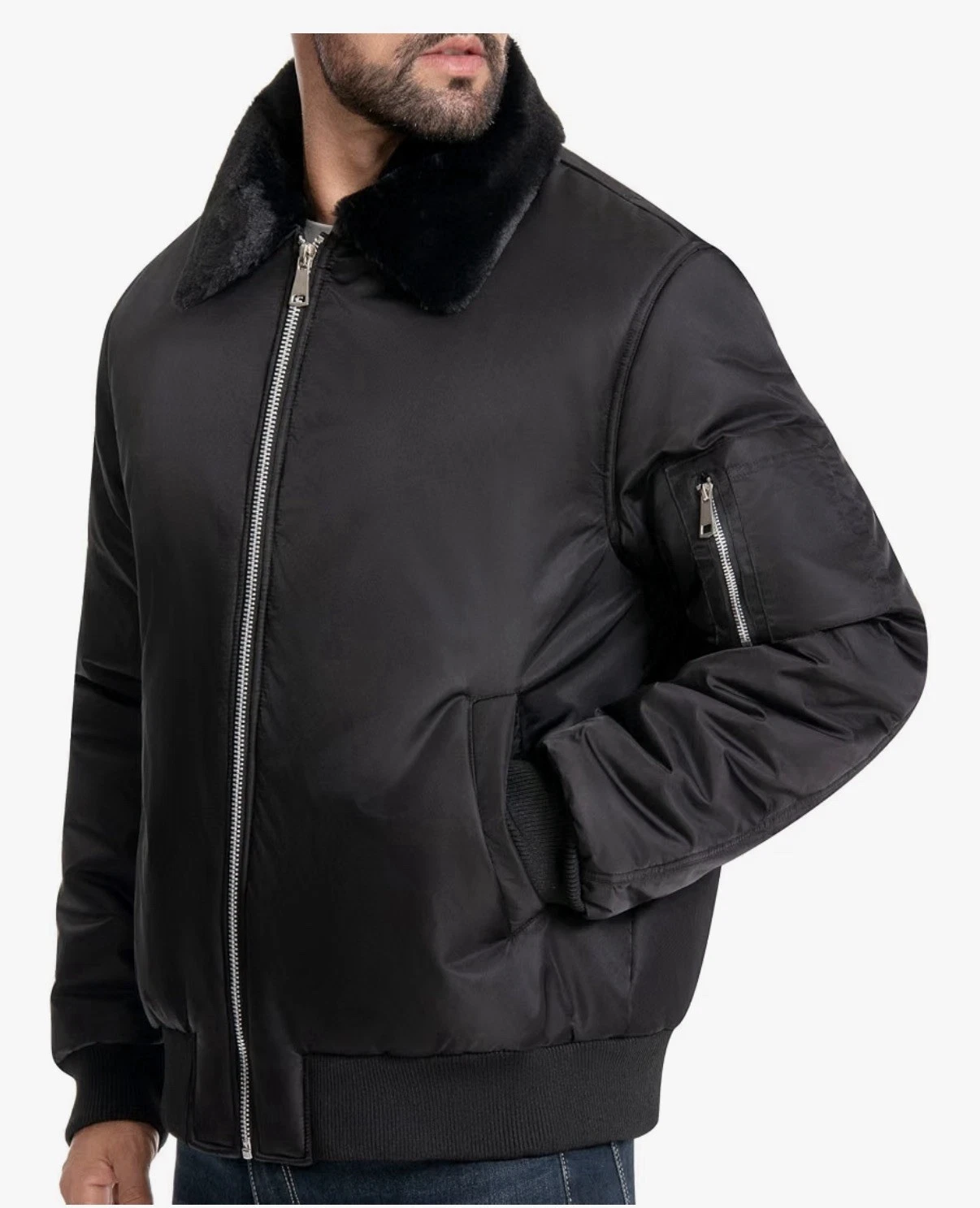 Alpine Swiss James Mens Small Bomber Flight Jacket Black Faux Fur Collar NWT image 2