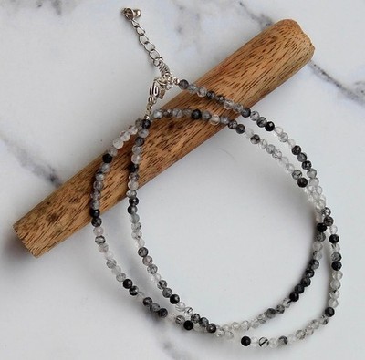 Natural Black Rutile Faceted Round Gemstone Beads Depression Long Necklace 32''