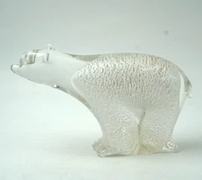Murano Polar Bear Figurine w/ Silver Flake Cased in Clear Glass Paperweight