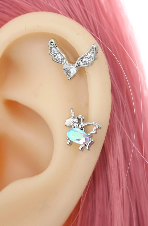 20g Feather Wing Heart Stud Earring Ear Cartilage Helix Ring Screw Back Piercing Foto 2 de 4