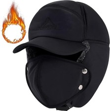 Men  s Winter Trapper Aviator Hat 3-in-1 Faux Fur Ear Flaps Mask Black