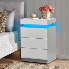 Modern Bedside Table RGB LED Bedside Cabinet 2/3 Drawer Nightstand Matte White