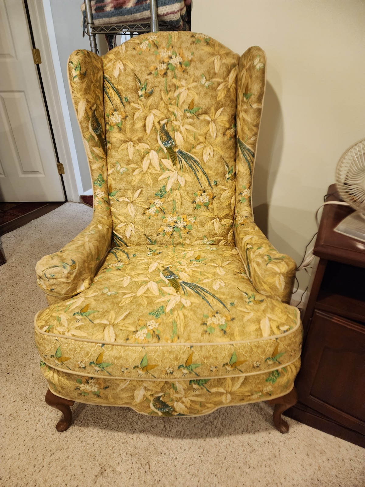 Set of 2 Queen Anne Wingback Chairs, Dual Upholstered, Avian and Foliate Printed
