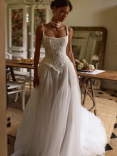 Romantic Light Tulle A Line Wedding Dress Vintage Lace Square Neck Bridal Gown