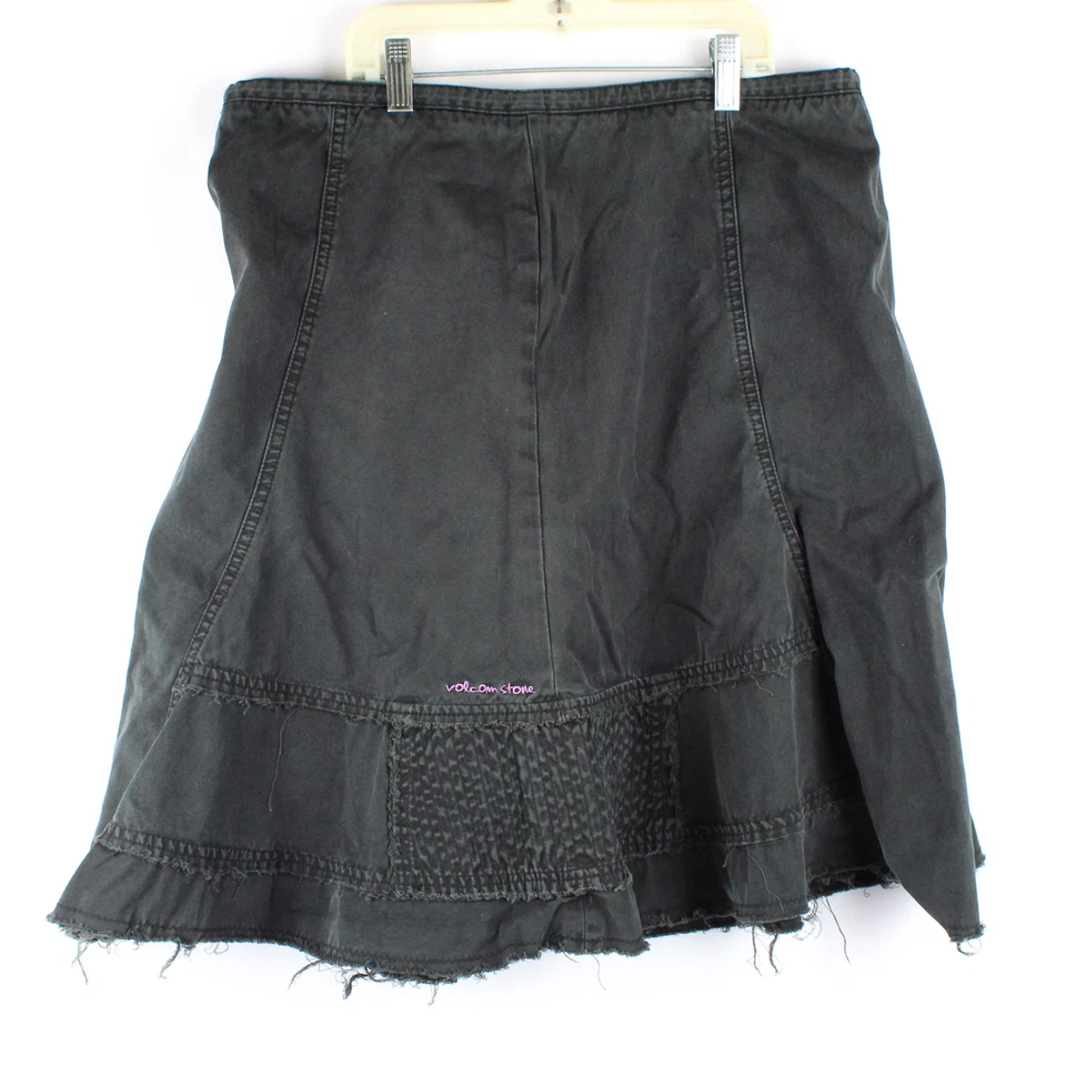 Volcom Black Denim Skirt Size L Frayed Hem Zip and Tie Closure - Image 2 of 4