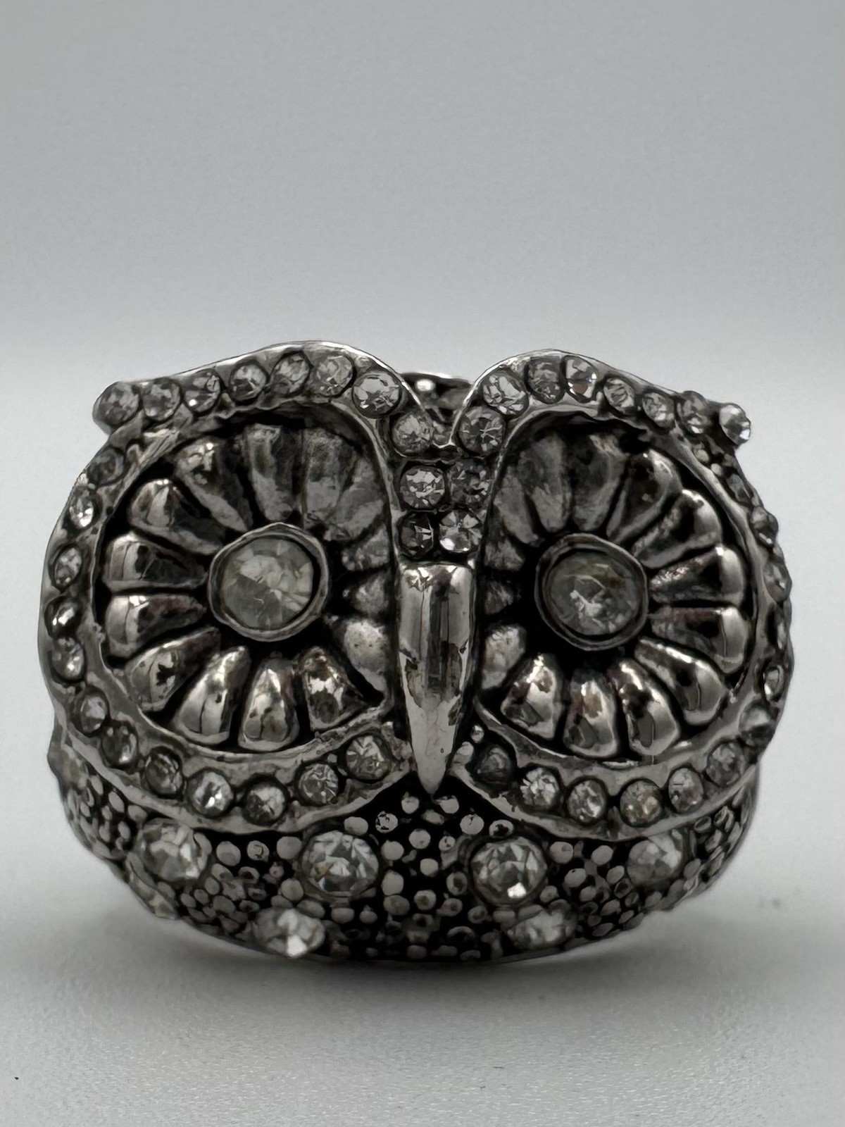 Large Owl Statement Ring Silver Tone Rhinestone C… - image 2
