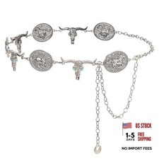 Western Metal Concho Belt Fit Waist Size Below 44" A-silver bull Head Chain 