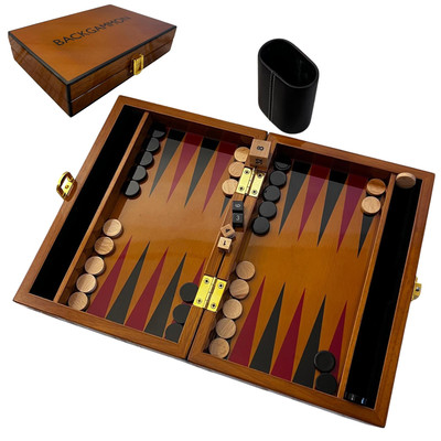 Deluxe 30cm Holz Backgammon Set mit Leder Würfelbecher und lackierten Spielchips