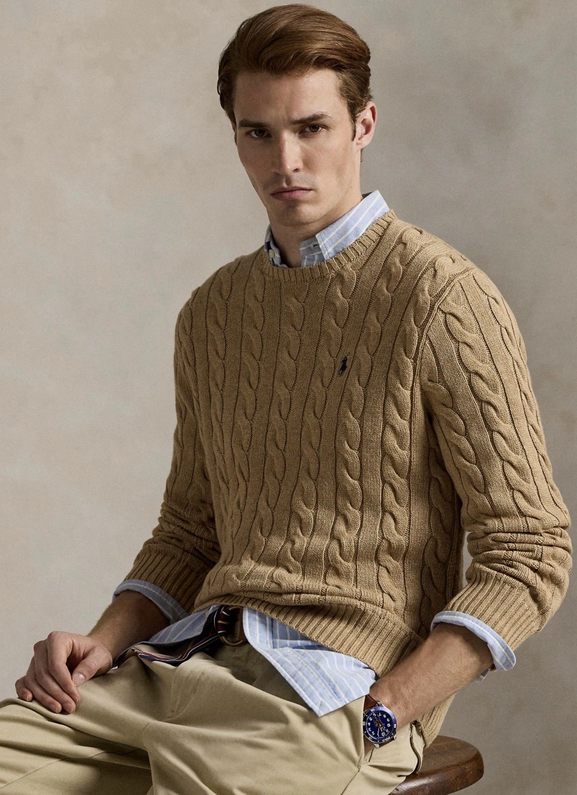 Polo Ralph Lauren Men's Cable Knit Wool Cashmere Crewneck Sweater Camel L