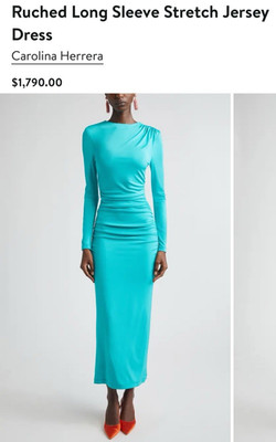 Carolina Herrera Turquoise Long Sleeve Ruched Jersey Dress Sz S - NWT $1,790