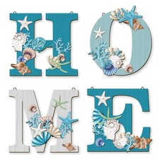 4 Pcs Wood Home Sign Coastal Beach Wall Decor 10 inches x 10 inches, Ocean