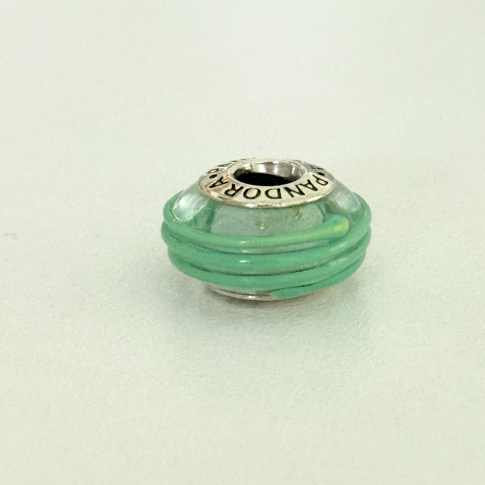 Pandora 925 Sterling Silver Green Ribbon Murano Glass Retired Bead Charm