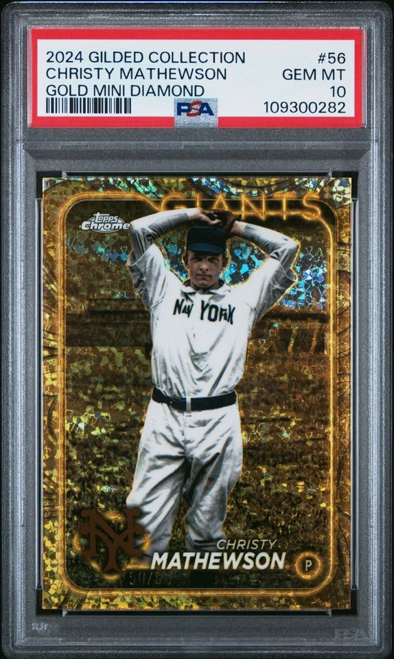 Christy Mathewson PSA 10 GEMAS SUJETALIBROS 50/50 2024 Topps oro dorado mini diamante Foto 2 de 4
