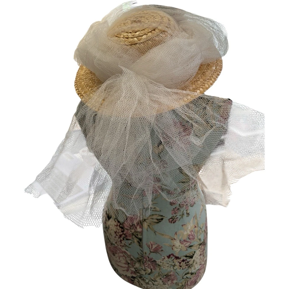 Vintage Womens Floral Straw Hat White Wide Brim Tulle Netting Romantic Wedding - Image 2 of 4