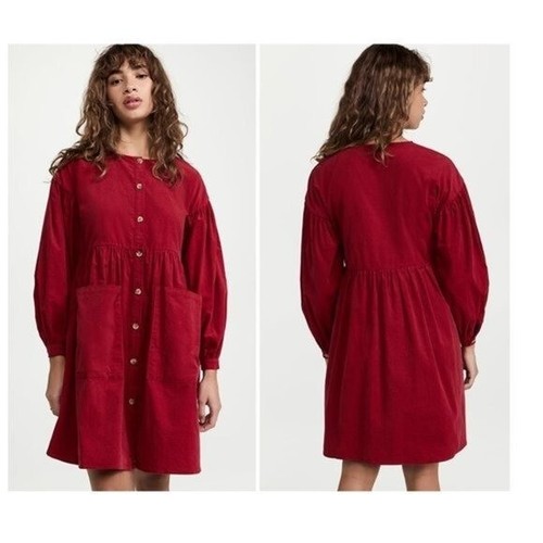 Meadows | NEW Forest Long Sleeve Corduroy Button Up Mini Dress in Red Size 2