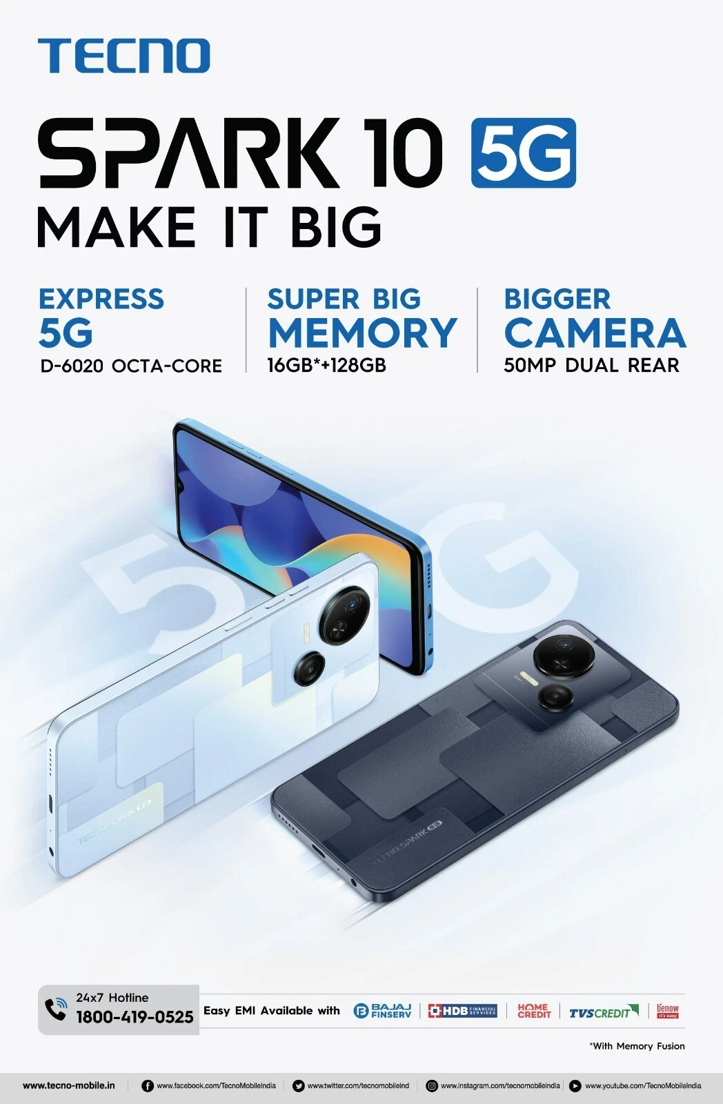 Tecno Spark 10 5G Meta Blue, 4GB RAM,64GB Storage|8GB Expandable RAM |