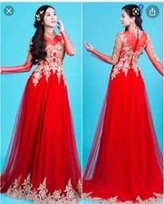 Red Ao Dai Vietnamese Wedding Long Dress with Gold Embroidery and Red Pants G59