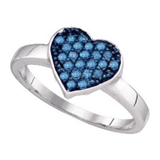 10kt White Gold Womens Round Blue Color Enhanced Diamond Heart Cluster Ring