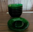 Vintage Anchor Hocking Oatmeal Forest Green Fruit Dessert Bowl - 5 Bowls 2 Plate