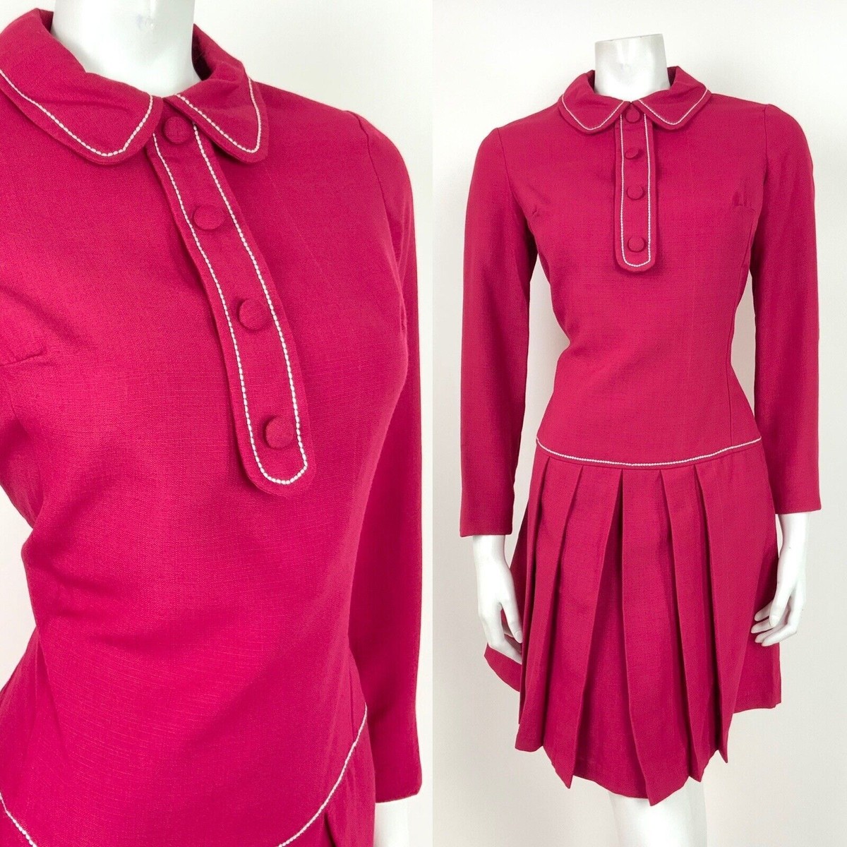 VTG 60s 70s PINK WHITE PETER PAN COLLAR PLEATED SKIRT MOD PREPPY