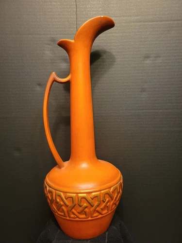 Mid Century Modern 18” Haeger USA Art Pottery 1970s Orange Grecian Pitcher 4070