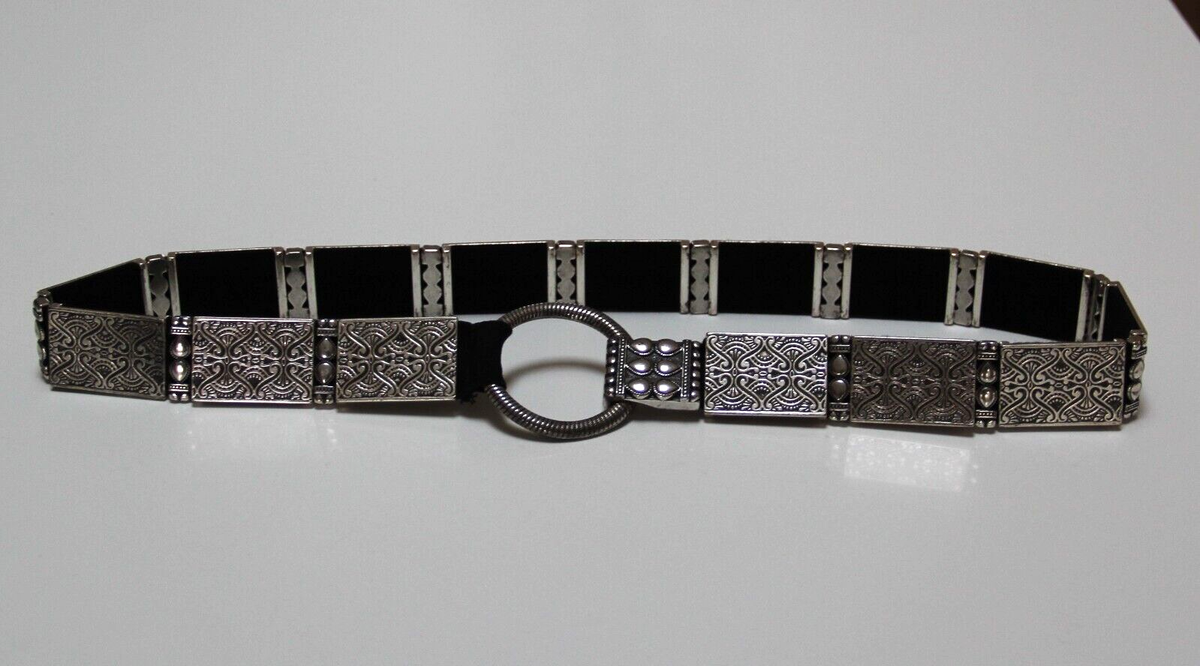Chico’s Silver-Black Rectangular Metal Engraved Stretch Boho Belt 44”Adjustable Chico main image 3