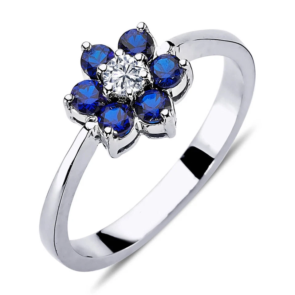 Halo Diamant Saphir Gänseblümchen Ring 14 Karat Weißgold - Bild 1 von 1