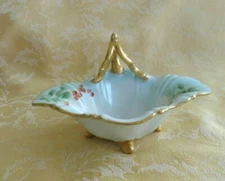 Beautiful Handpainted Porcelain Footed Handled Small Dish Gold Gilt