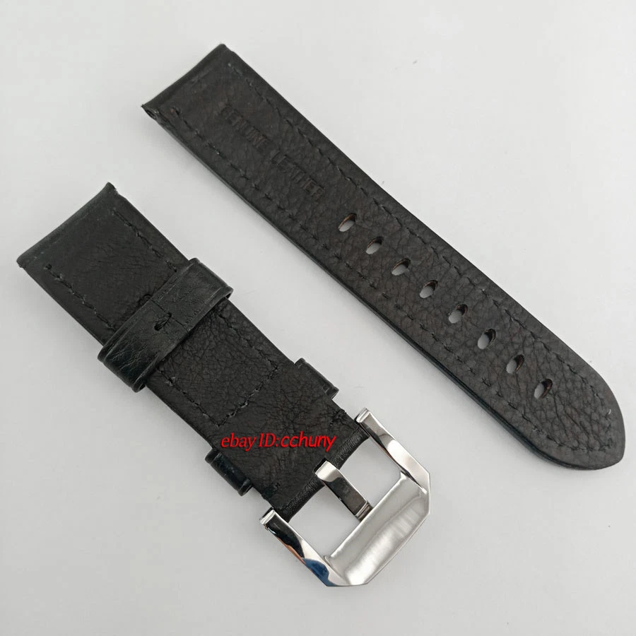 Correa de reloj Parnis 24 mm hecha a mano cuero negro suave hebillas de pulido P782 Foto 2 de 4