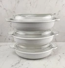 VTG Corning Grab-It White Oval Casserole P-14-B  w/Pyrex Lid P-14-C-Set of 3-EUC